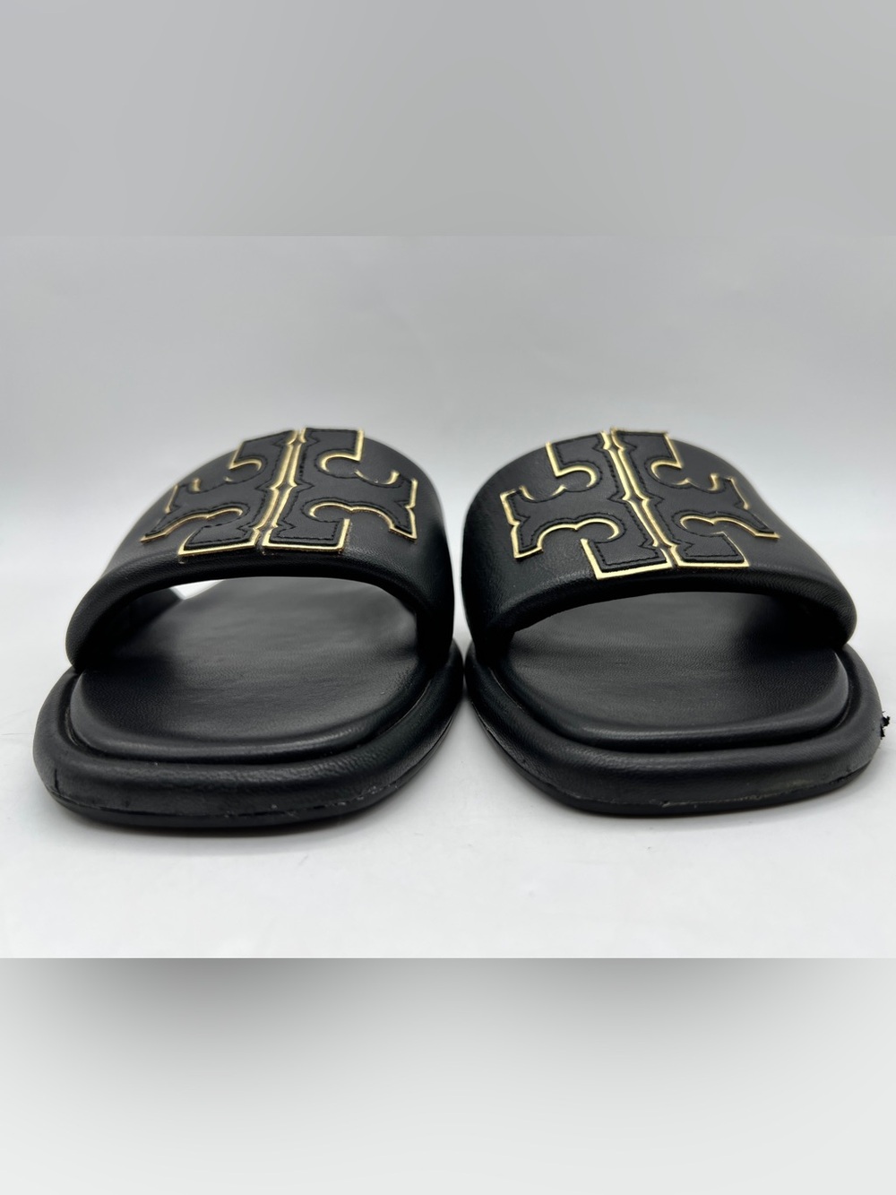 Tory Burch Double T Sport Slide Black Gold Leather Sandals Size 11 - Picture 3 of 15